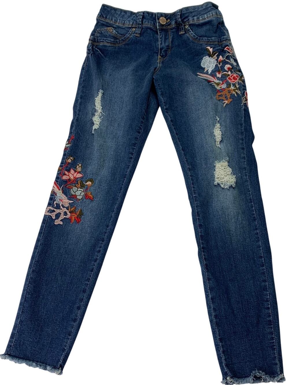 YMI Juniors Sz 5 90s Y2K Embroidered Floral Raw Hem Ankle Skinny Stretch Jeans
